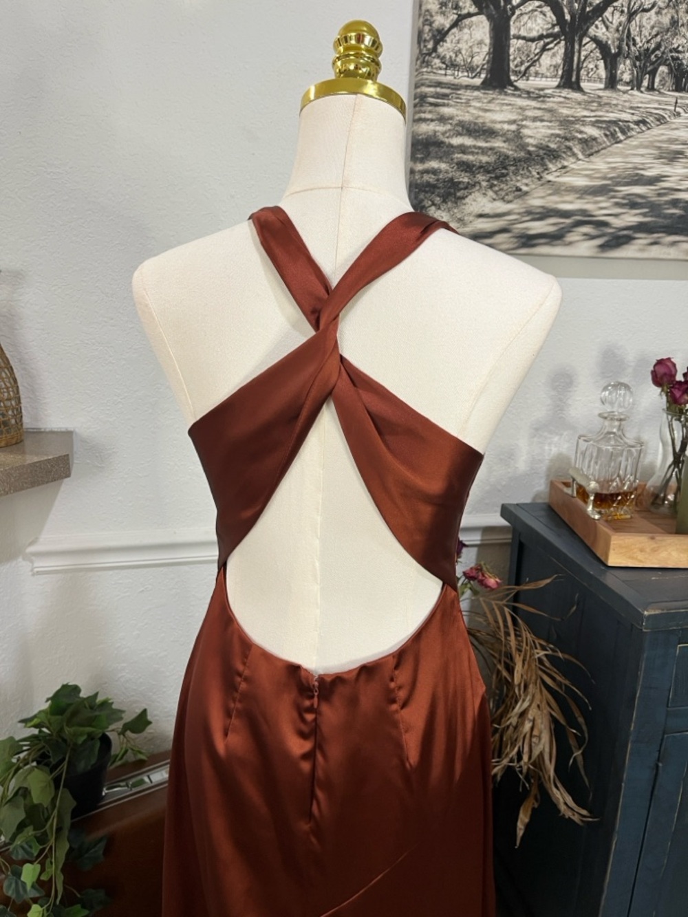 Lulu’s Satin V-Neck Slip Gown in Copper Brown NWT Medium - Picture 9 of 16